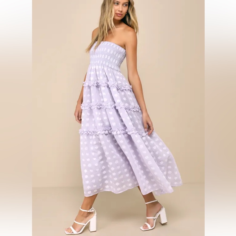 Lulu's Lilac Strapless Floral Maxi Dress